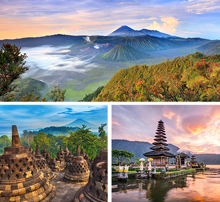 Bild-Collage: Vulkanlandschaft auf Java, große aus Stein gebaute Glocken, Wassertempel auf Bali.