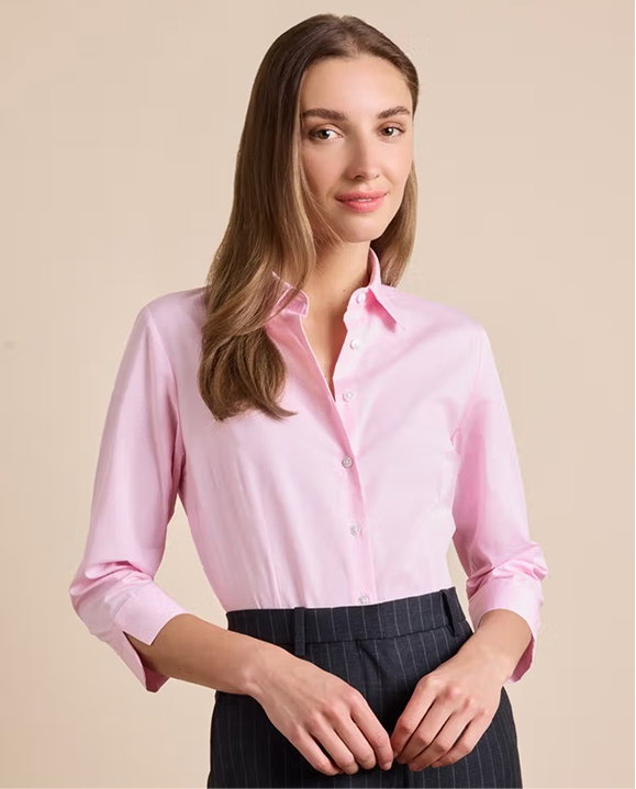 Fitted White & Pink Stripe Shirt - 3/4 Sleeve