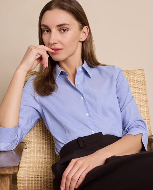 Fitted White & Blue Stripe Shirt - 3/4 Sleeve
