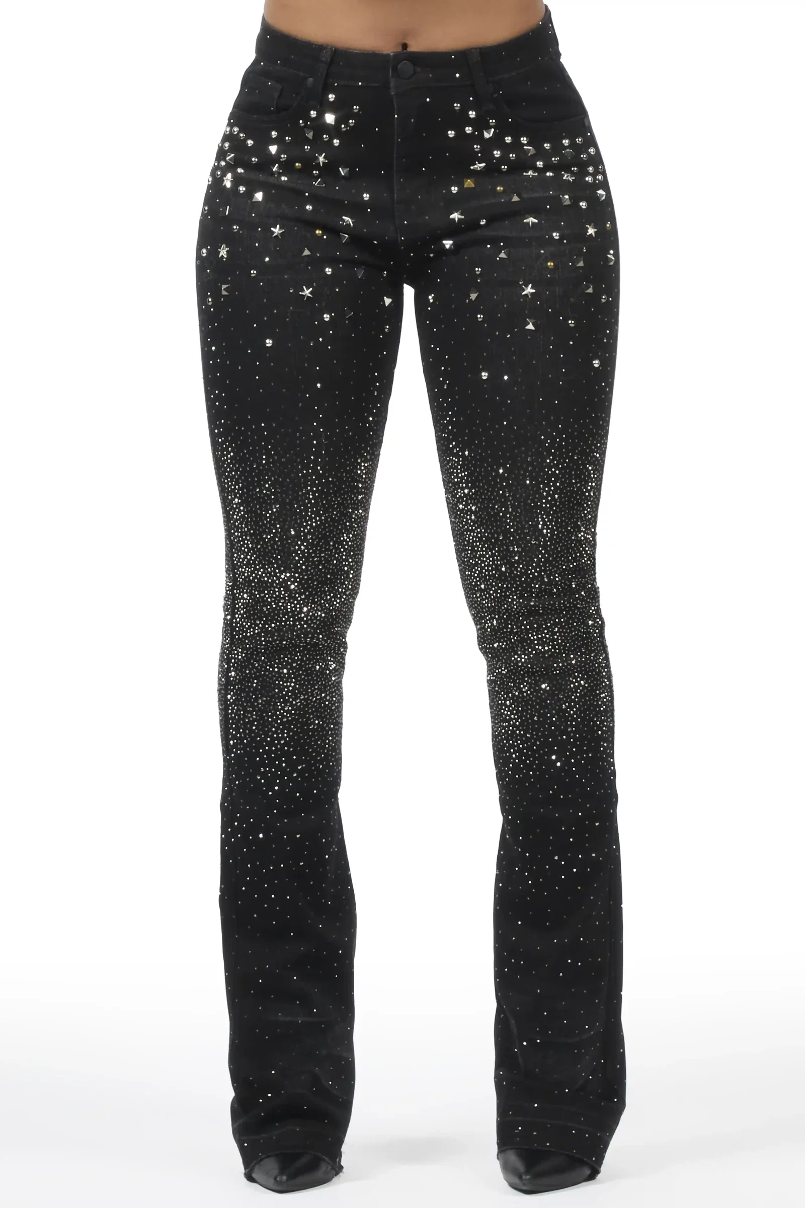 Image of Starr Grey Wash Rhinestone Stacked Flare Jean