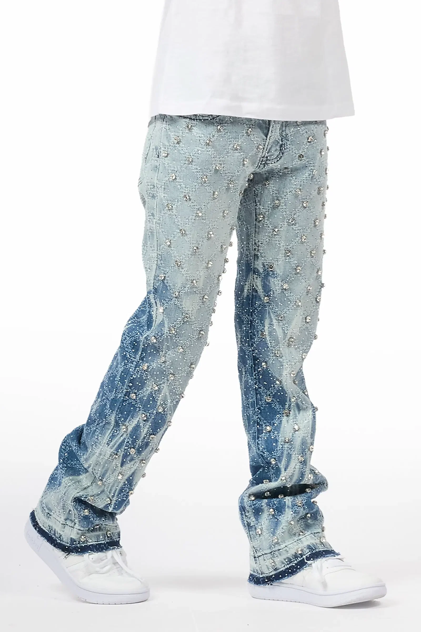 Image of Boys Glit Blue Rhinestone Stacked Flare Jean