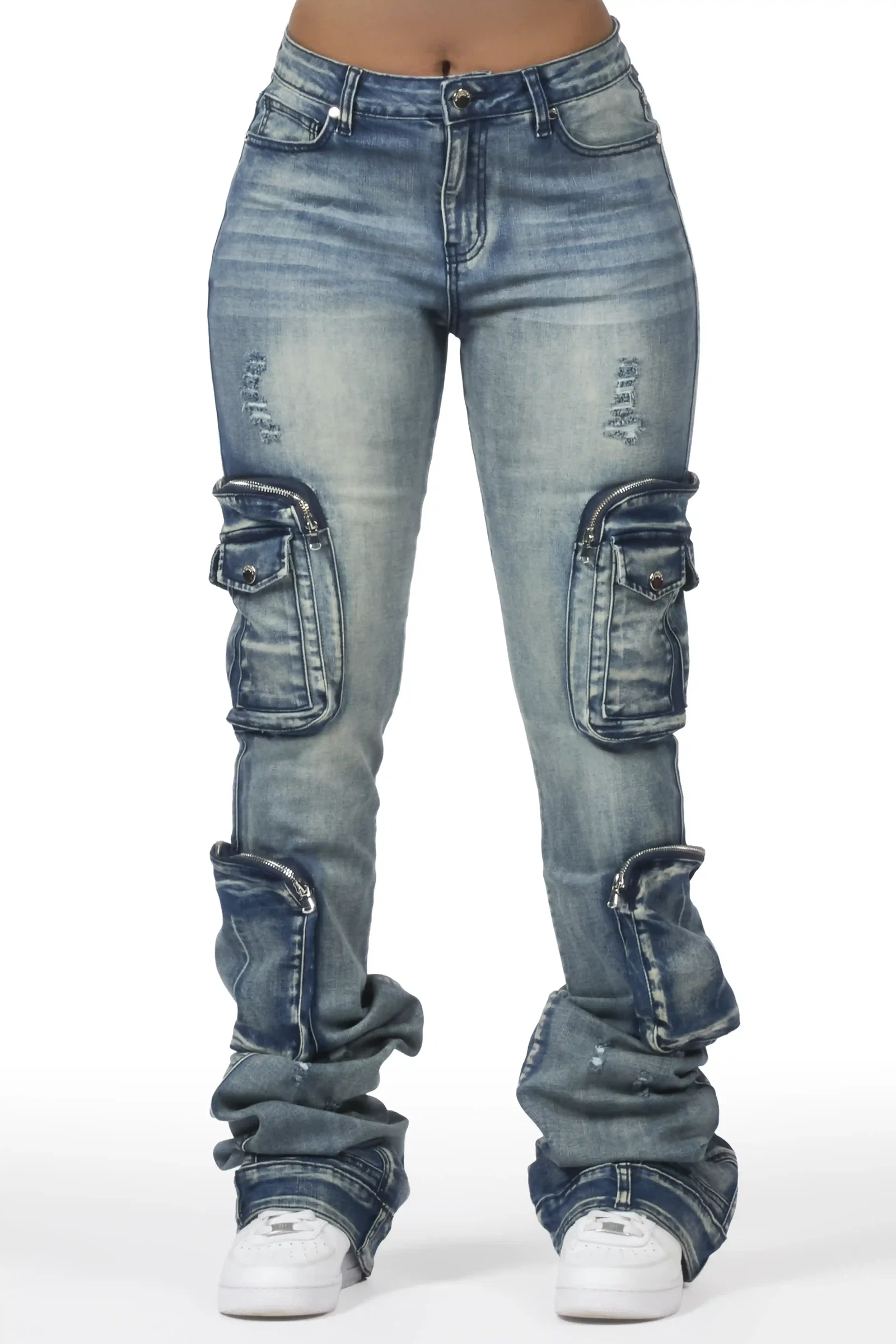 Image of Alisson Dark Wash Tinted Cargo Super Stacked Jean