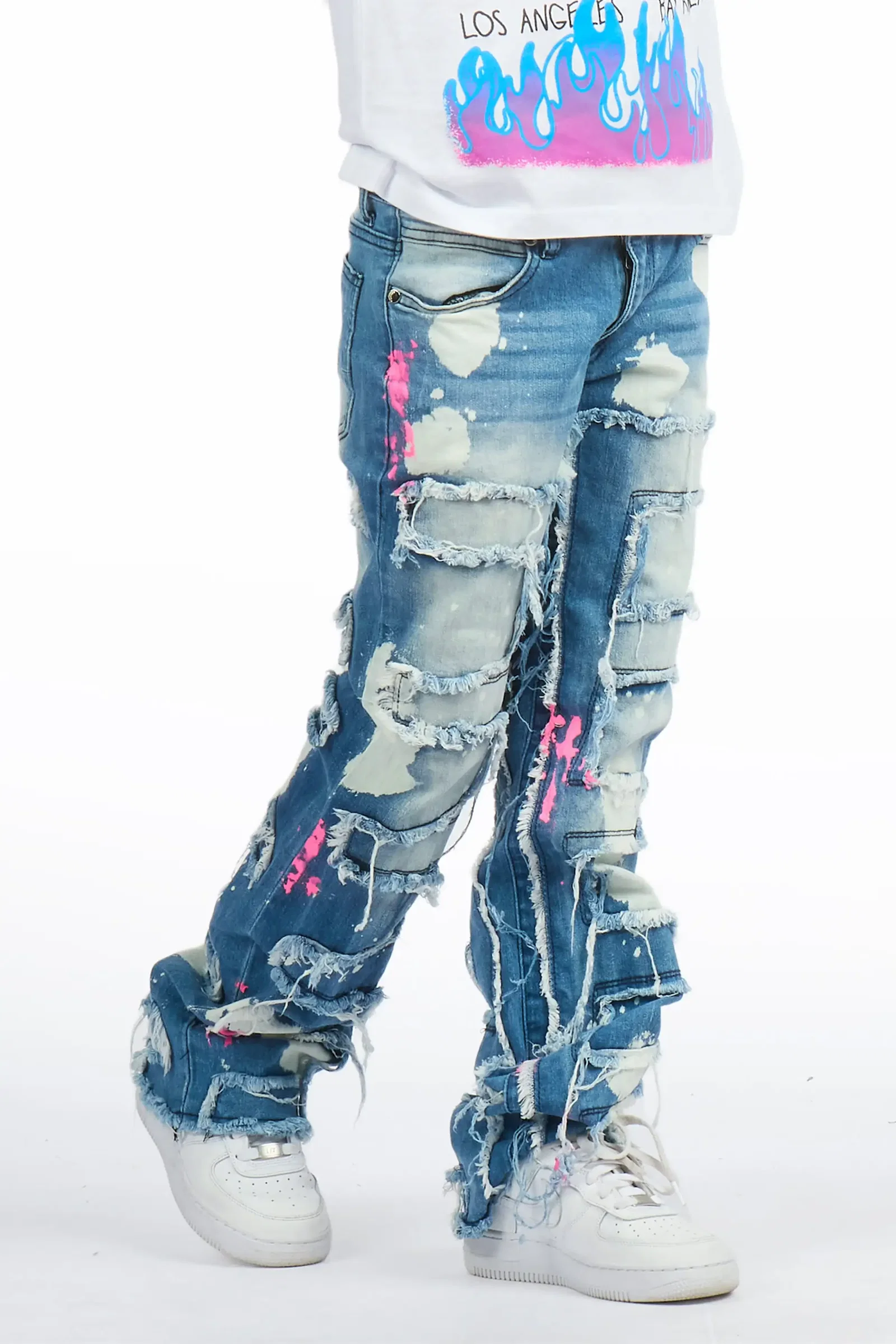 Image of Girls Bannie Blue/Pink Stacked Painter Flare Jean