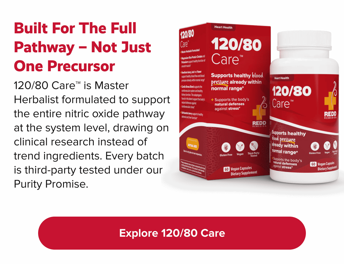 Built for the full pathway – not just one precursor | 120/80 Care™ is Master Herbalist formulated to support the entire nitric oxide pathway at the system level, drawing on clinical research instead of trend ingredients. Every batch is third-party tested under our Purity Promise. | Explore 120/80 Care
