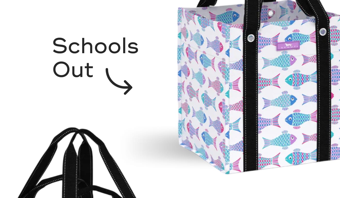 Schools Out. SCOUT tote bag with a colorful fish pattern.