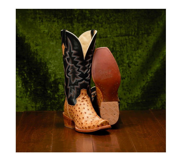 The Rylan Tony Lama boot on a wooden floor and green background.