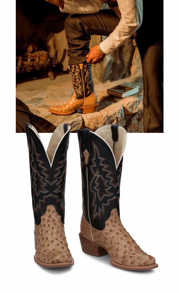 Man wearing the Rylan boot next to a stone fireplace. The Rylan boot on white.