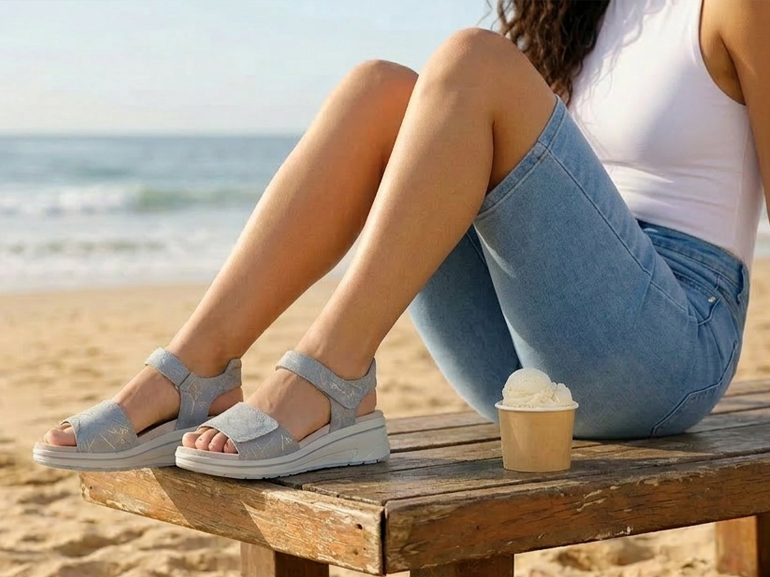 Ein Model sitzt auf einer Bank am Strand, trägt blaue Sandalen und Jeansshorts. Ein Eisbecher steht neben ihr.