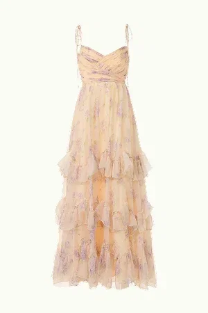Floral Chiffon Sleeveless Ruffle Gown