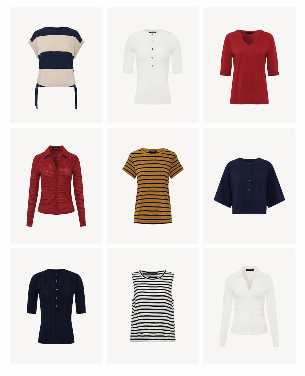 grid of new tops including rugby tank, fitted ribbted tops, stripe perfect tee, juno button down, placket top, and stripe tank
