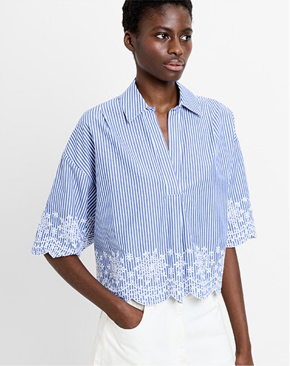 Stripe Embroidered Hem Popover Shirt