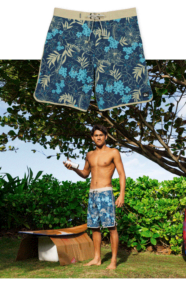graphic print boardshorts featuring bold colors, surf-inspired artwork, and performance styles