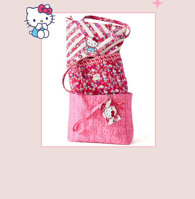 Hello Kitty and Friends x Vera Bradley Collection | Quilted bags stacked against a white background and Hello Kitty icons.