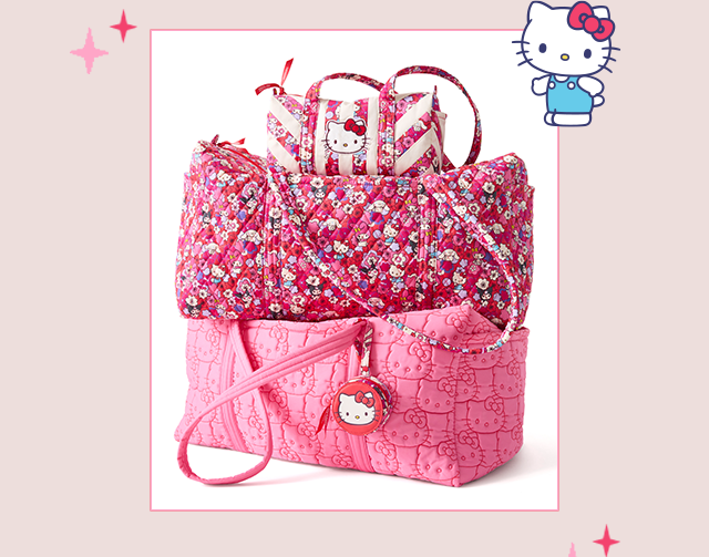 Hello Kitty and Friends x Vera Bradley Collection | Quilted bags stacked against a white background and Hello Kitty icons.