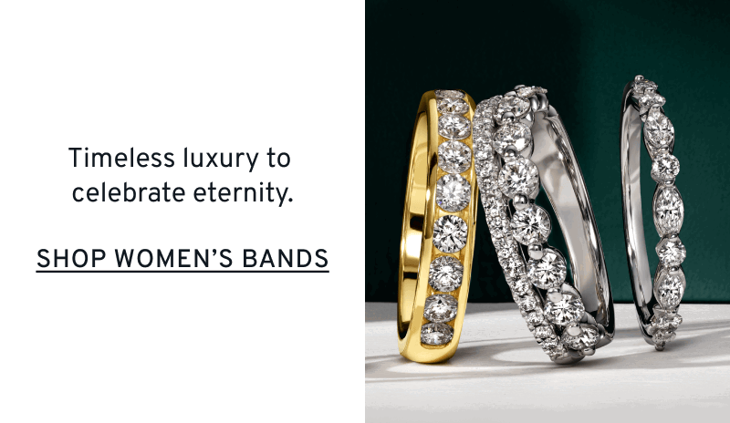 Four different women’s wedding bands. Timeless luxury. Click to Shop Women’s Bands