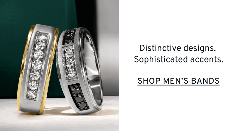 Two different men’s wedding bands. Sophisticated accents. Click to Shop Men’s Bands