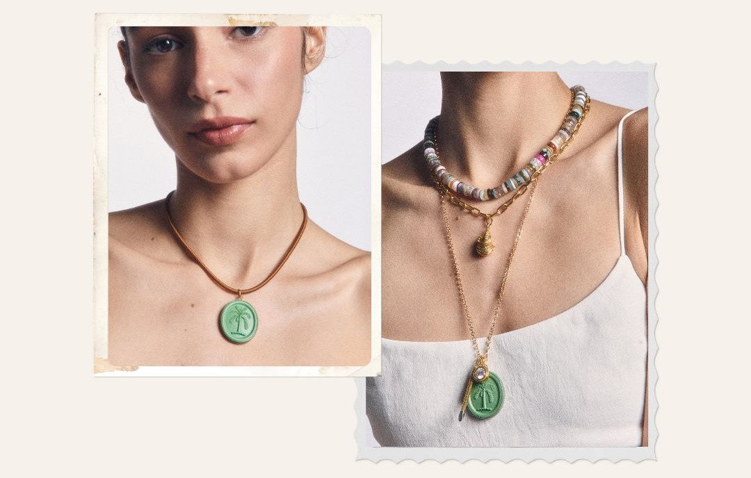 Model waring Palm Cameo Charm on Copper Clasp Cord; Model wearing Palm Cameo Charm on a slider-style chain with other charms