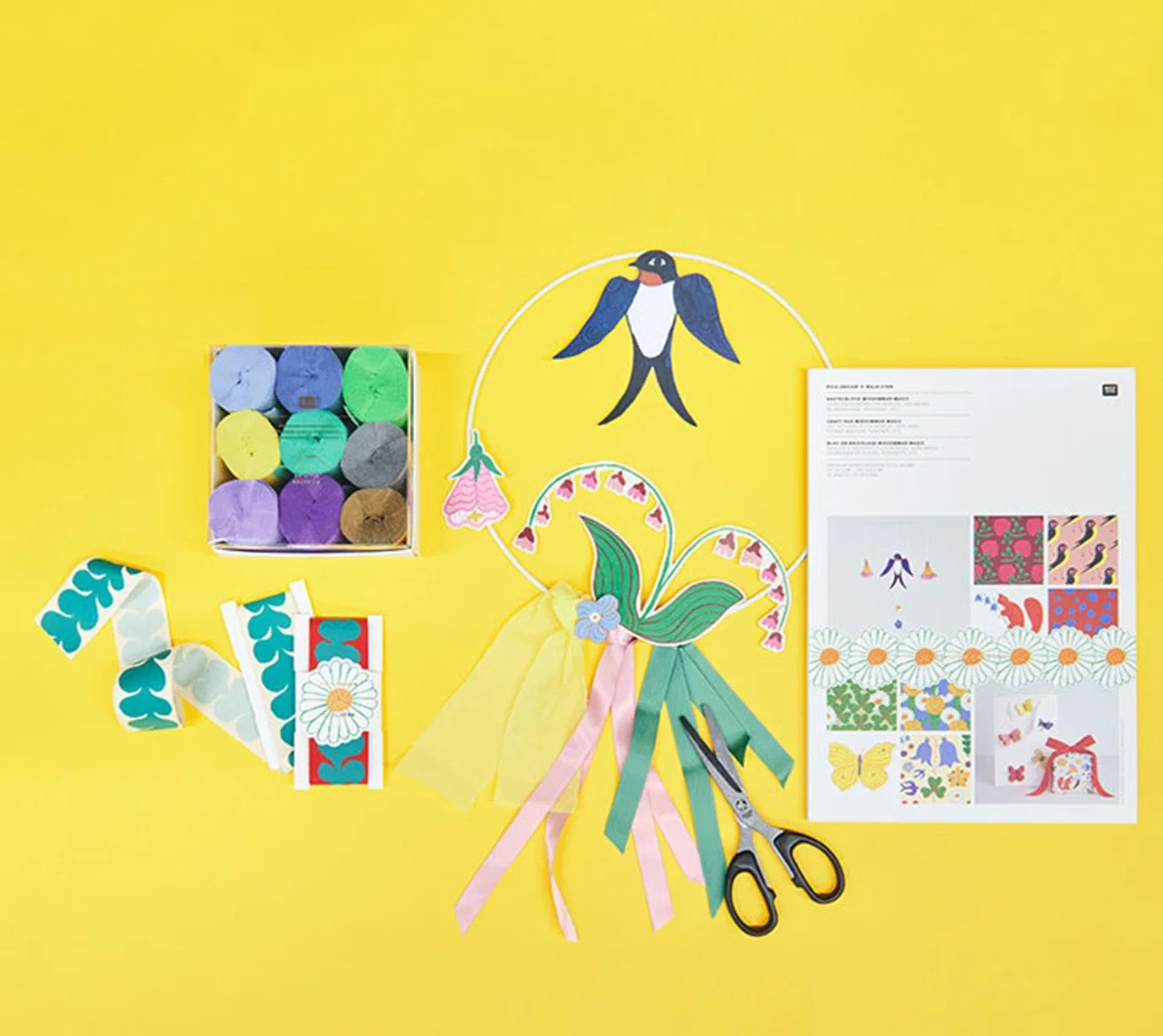 Kostenlose Anleitung für Midsommar Magic Kranz mit Kreppbändern und Motivpapierblock