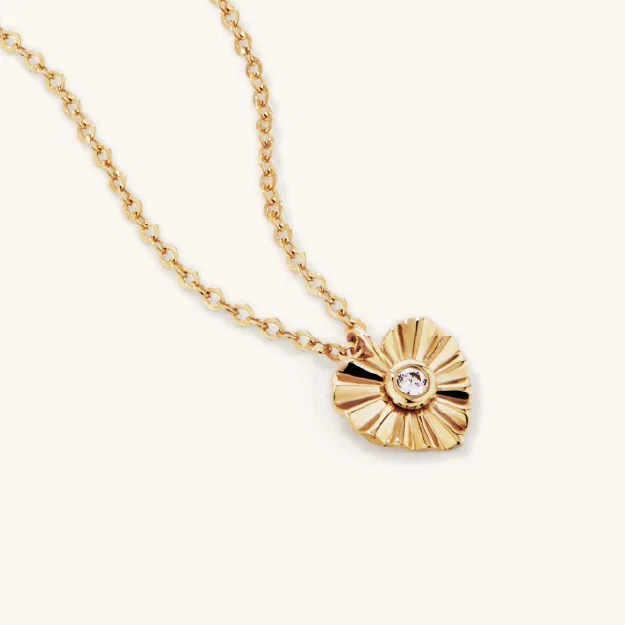 Cubic Zirconia Fluted Heart Necklace in 9kt Yellow Gold