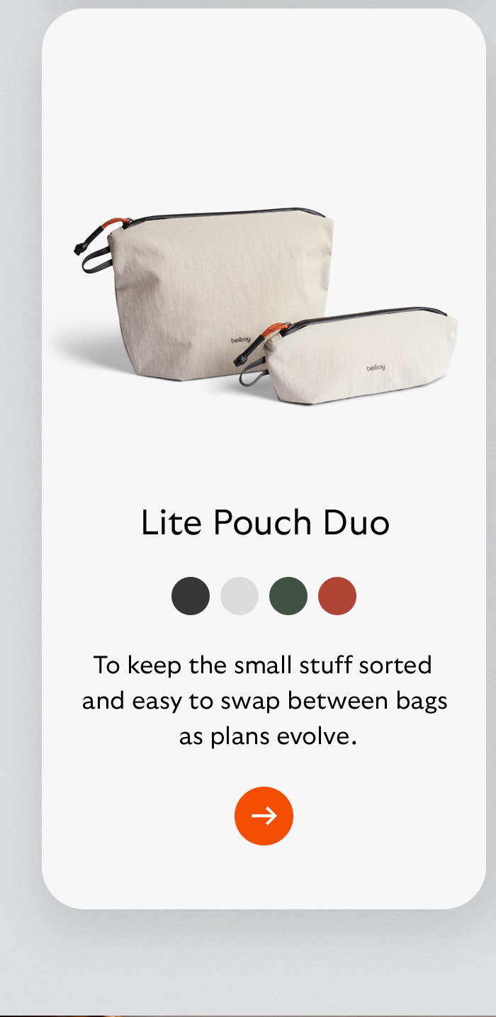 [Product name] Lite Pouch Duo [Blurb] To keep the small stuff sorted and easy to swap between bags as plans evolve.