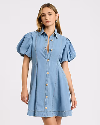 Denim Collared Puff Sleeve Button Front Mini Dress