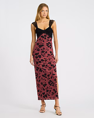 Mesh Printed Sweetheart Lace Pieced Maxi Dress