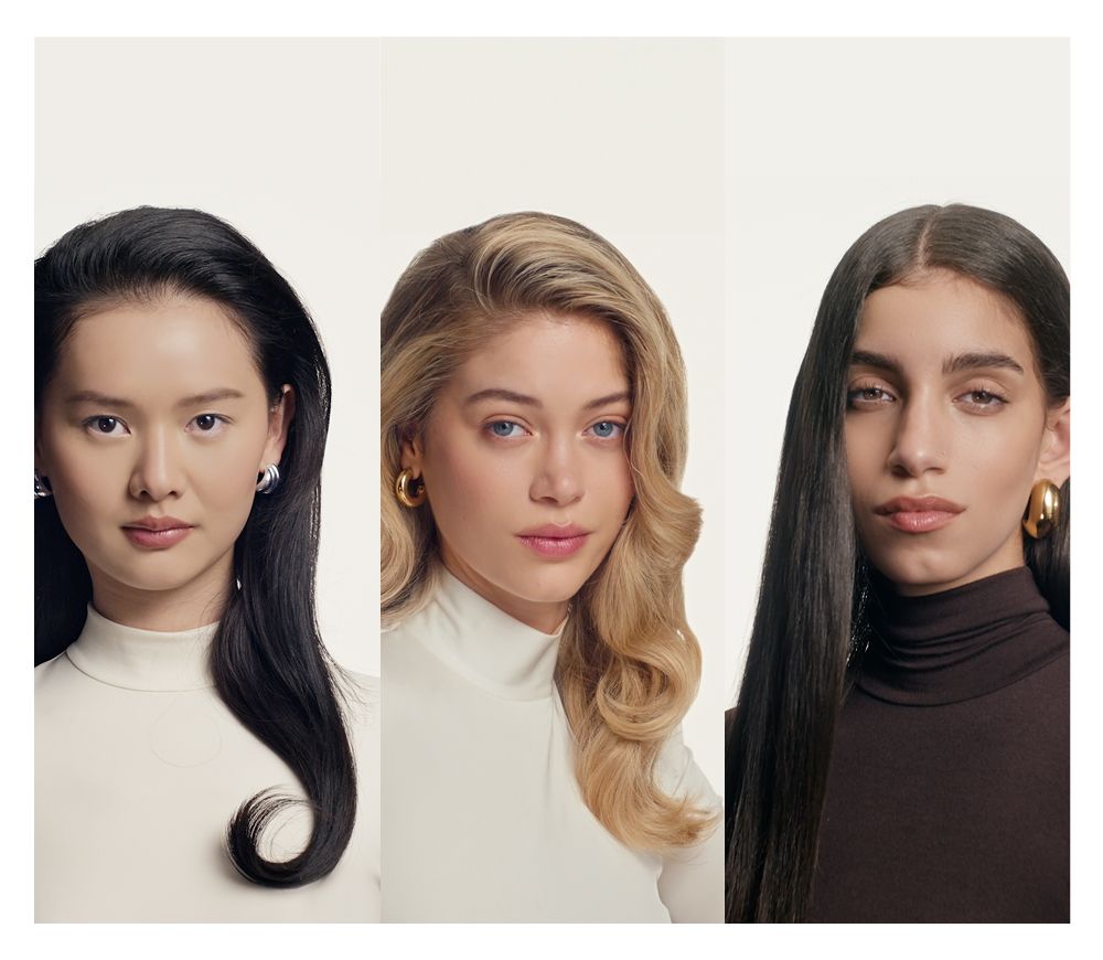 Trio of models with their hair styled using the Dyson Airwrap Co-anda2x multi-style and dryer