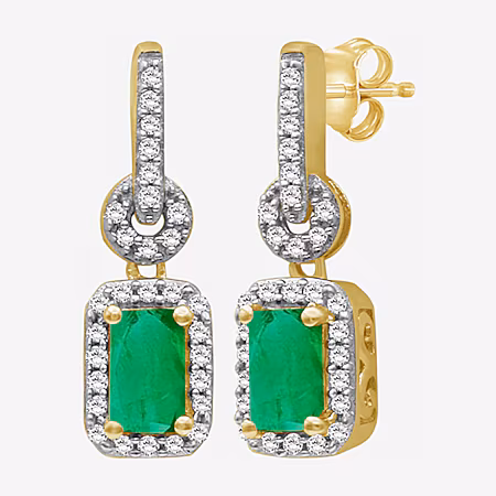 Image of Womens Emerald-cut Gemstone & 1/7 CT. T.W. Natural Diamond 10K Gold Drop Earrings
