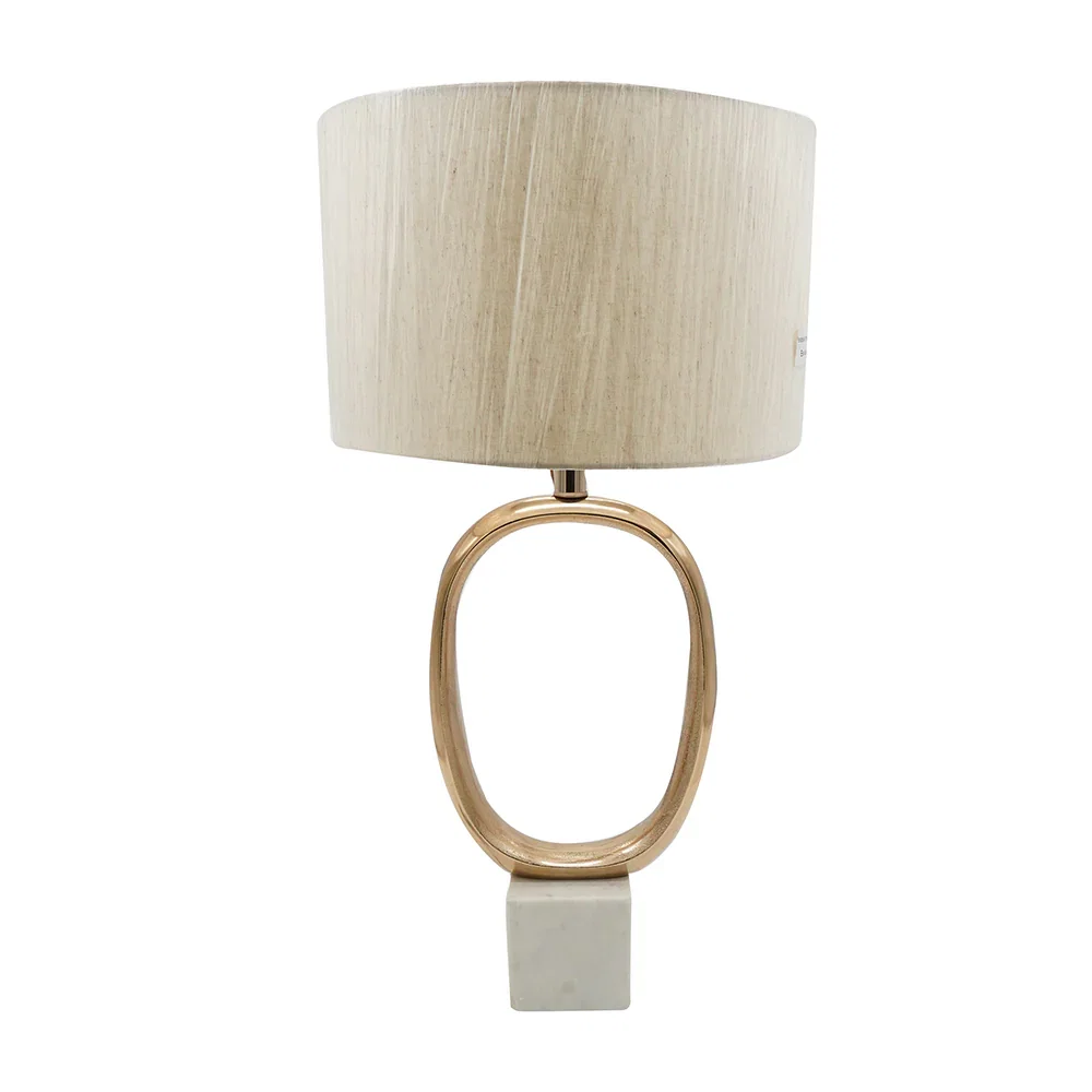 Image of Gold Ring Metal Table Lamp with Cream Linen Shade