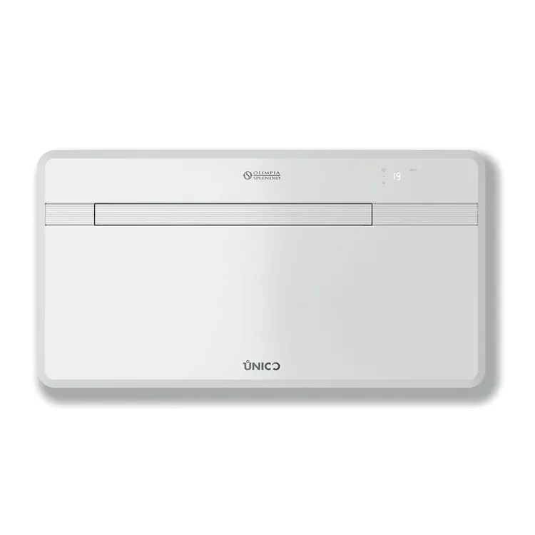 White Olimpia Splendid UNICO wall-mounted air conditioner with slim horizontal vent and digital temperature display