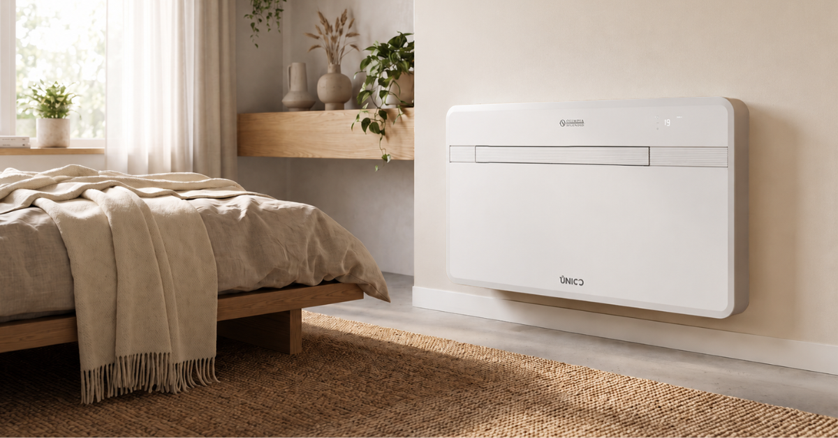 Modern wall-mounted UNICO air conditioning unit in a light, minimalist bedroom with wooden bed, neutral bedding, plants and natural daylight