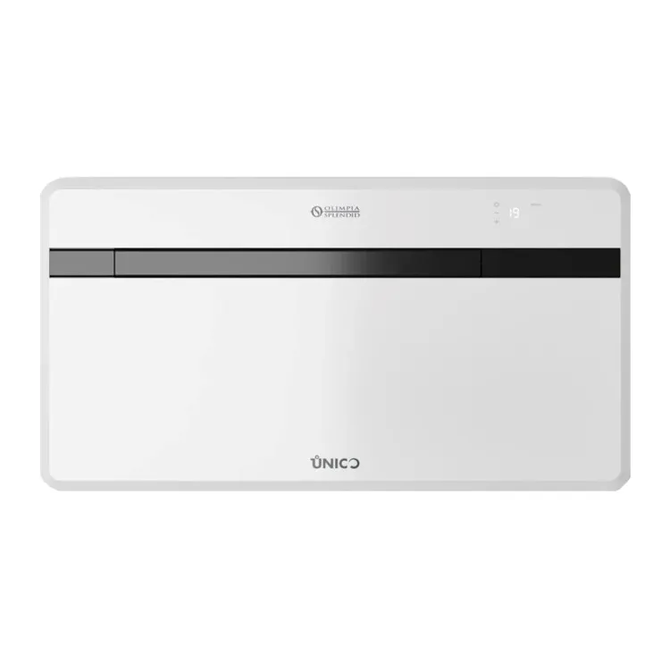 White Olimpia Splendid UNICO wall-mounted air conditioner with slim black vent strip and digital display