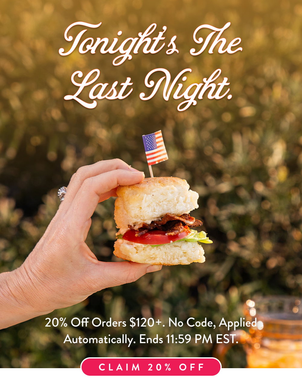 Tonight's the Last Night. 20% off orders $120+. no code, applied automatically. Ends 11:59 PM EST.