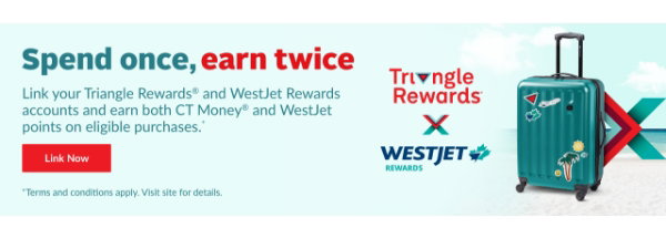 Triangle Westjet Partnership. Spend once, earn twice. Link your Triangle Rewards® and WestJet Rewards accounts and earn both CT Money® and WestJet points on eligible purchases. Link Now. *Terms and conditions apply. Visit site for details.