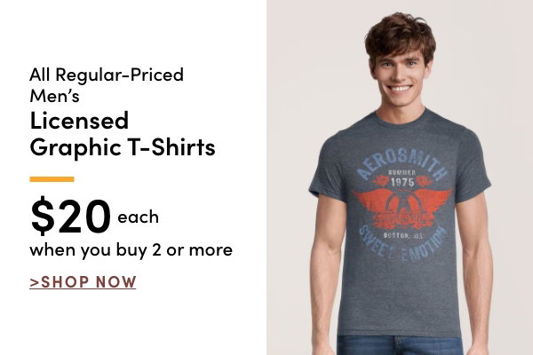 All Regular-Priced Men's Licensed Graphic T-shirts $20 each when you buy 2 or more
