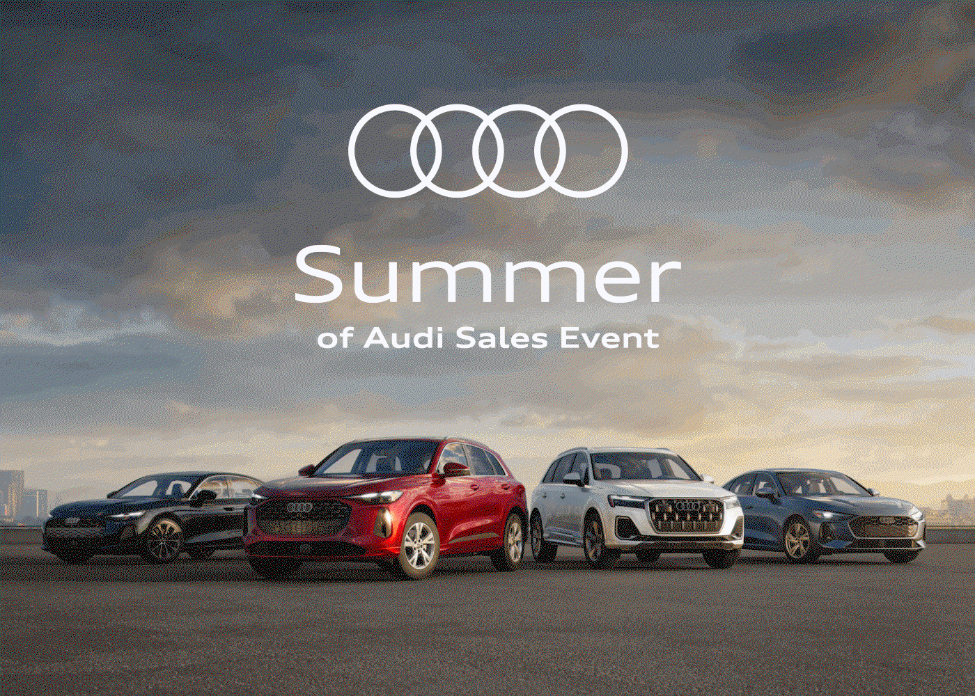 Audi pack shot in front of a summer sky. Audi Q5 driving down a desert road. Audi Q7 speeding through a forest. Audi A5 parked beside a sandy beach. Summer of Audi Sales Event. Explore the lineup.