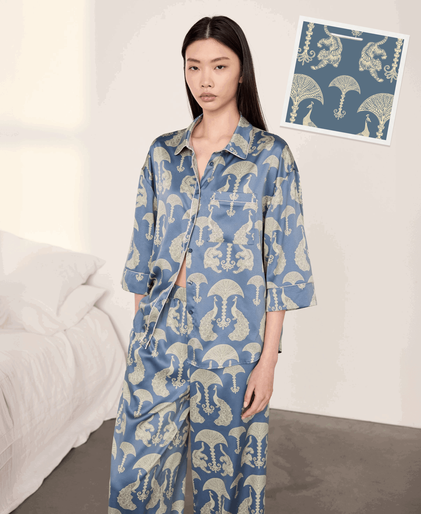 Satin Tigers & Peacocks Print Long Pyjama Set