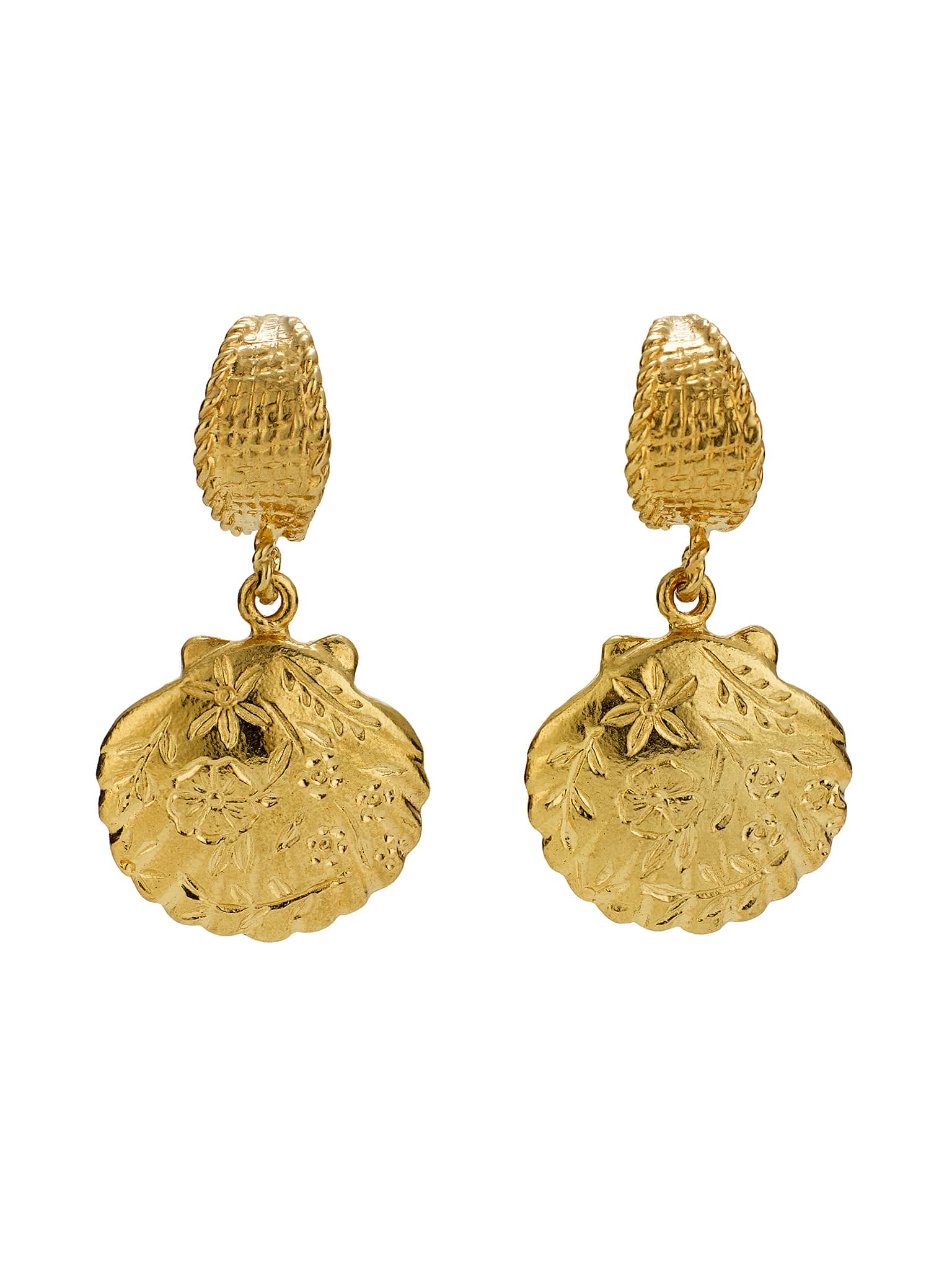 Basket Weave Huggie Hoop Earrings with Floral Engraved Scallop Shell Drops