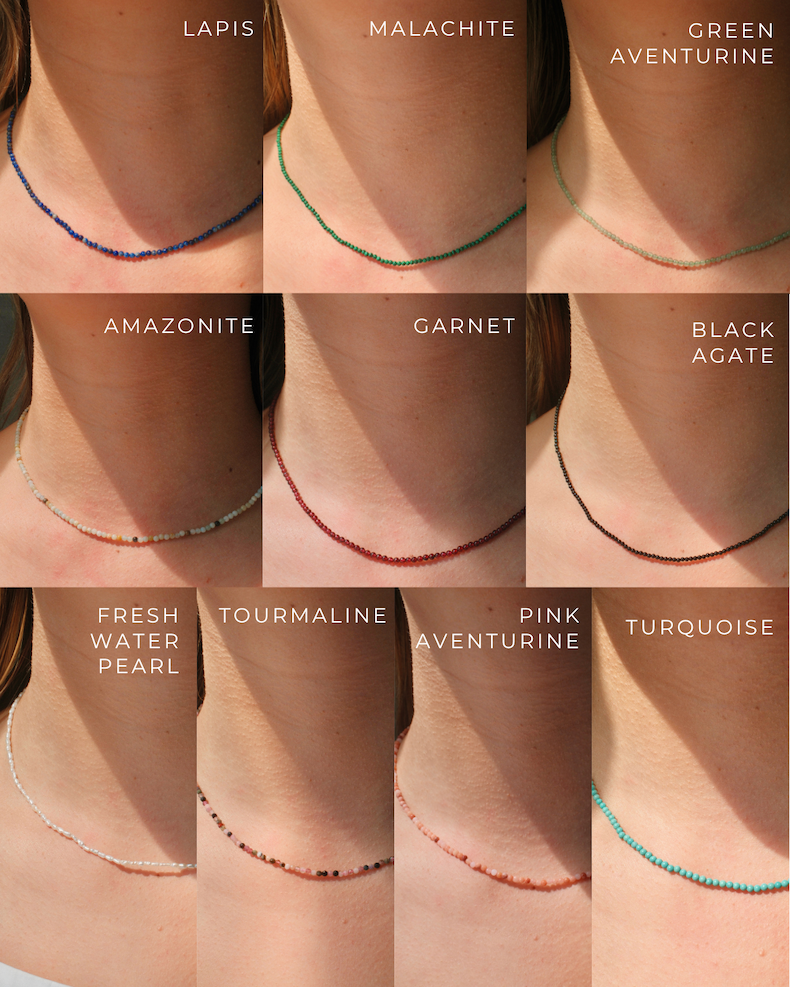 The 10 color ways of the Micro Gem Chain.