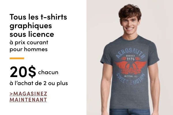 Tous les t-shirts graphiques sous licence à prix courant pour hommes 20 $ chacun à l'achat de 2 ou plus