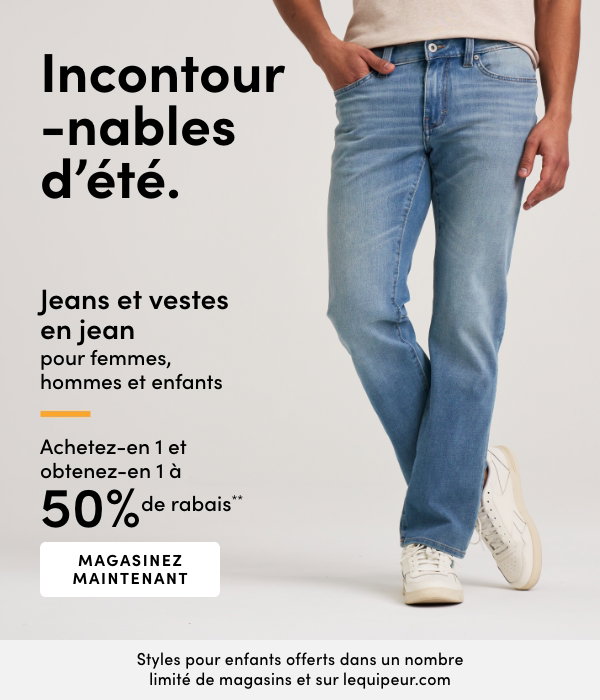 Jeans et vestes en jean pour femmes, hommes et enfants achetez-en 1 et obtenez-en 1 à 50% de rabais*