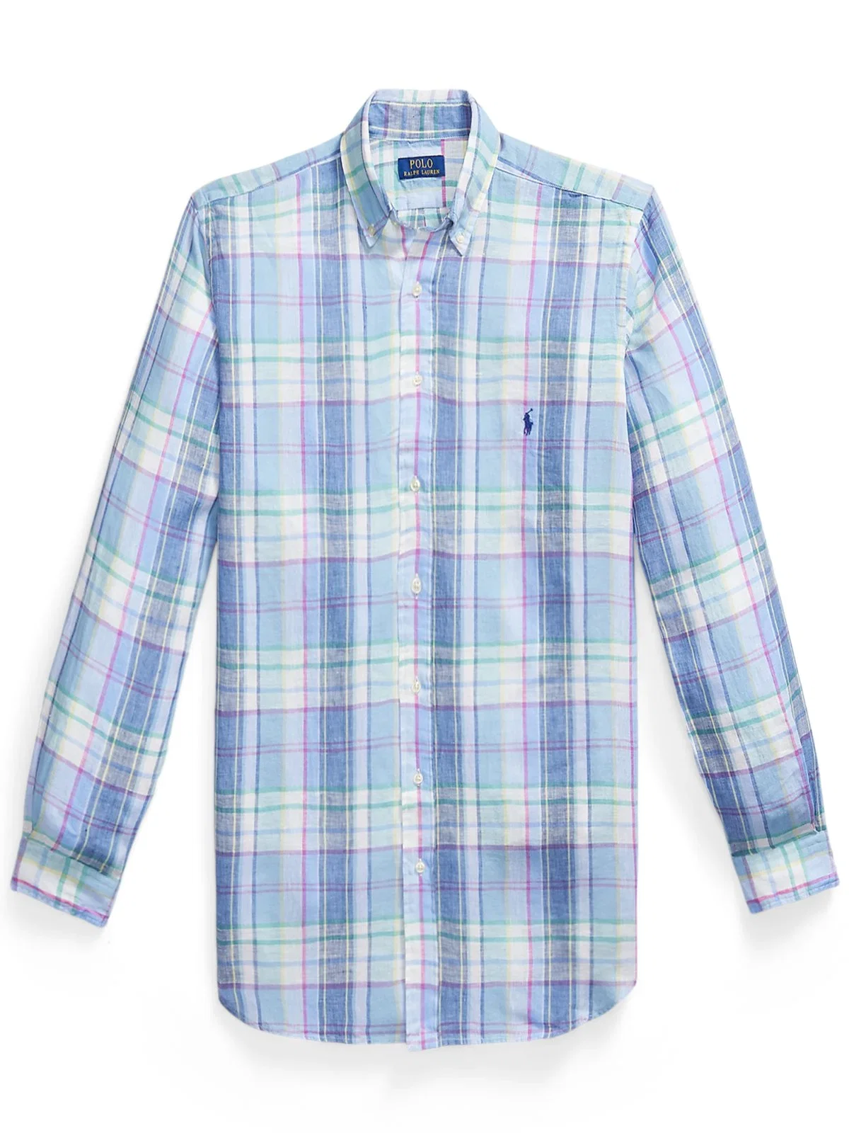 Linen shirt with check pattern and logo embroidery