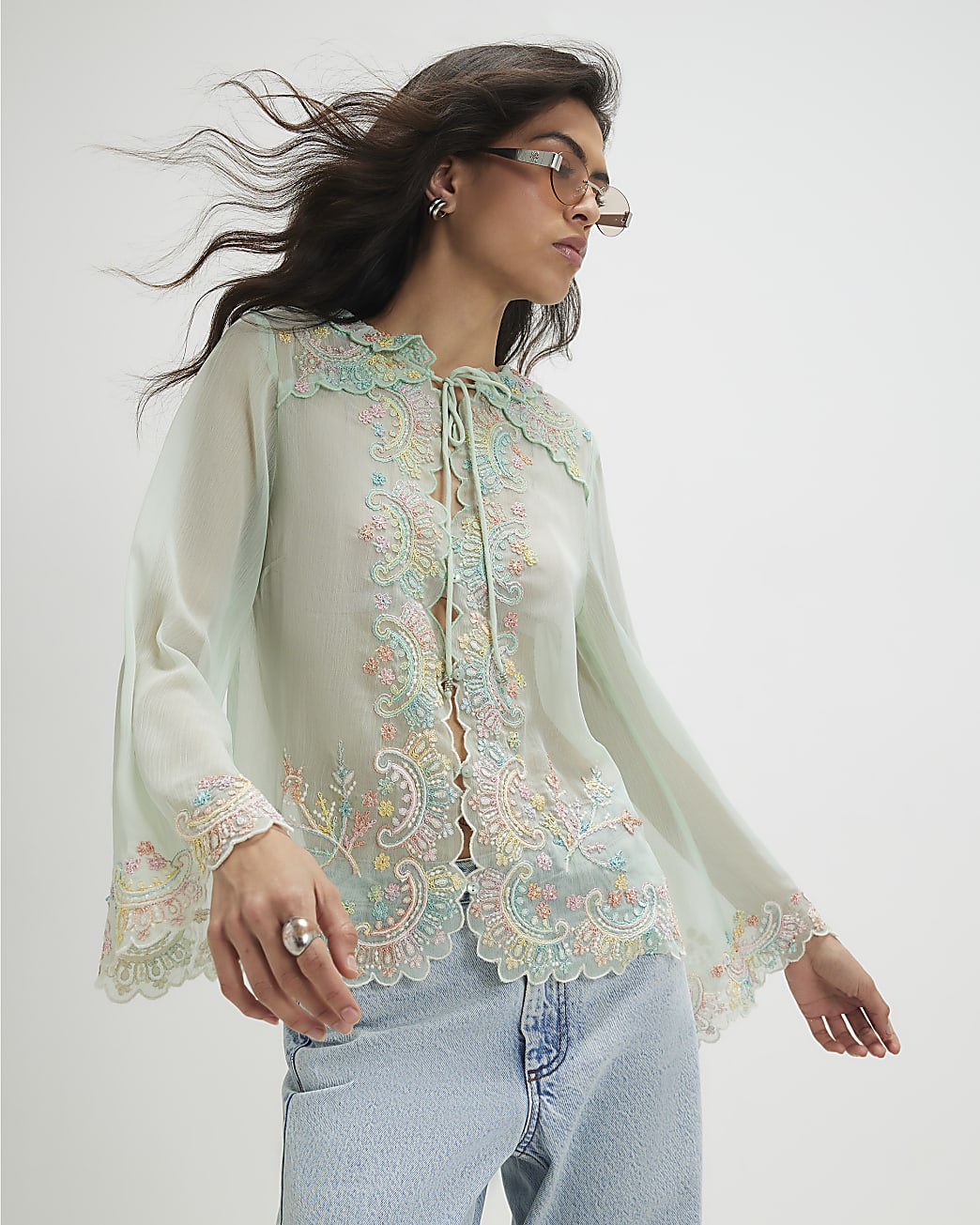 Womens Green Soft Embroidered Tie Blouse