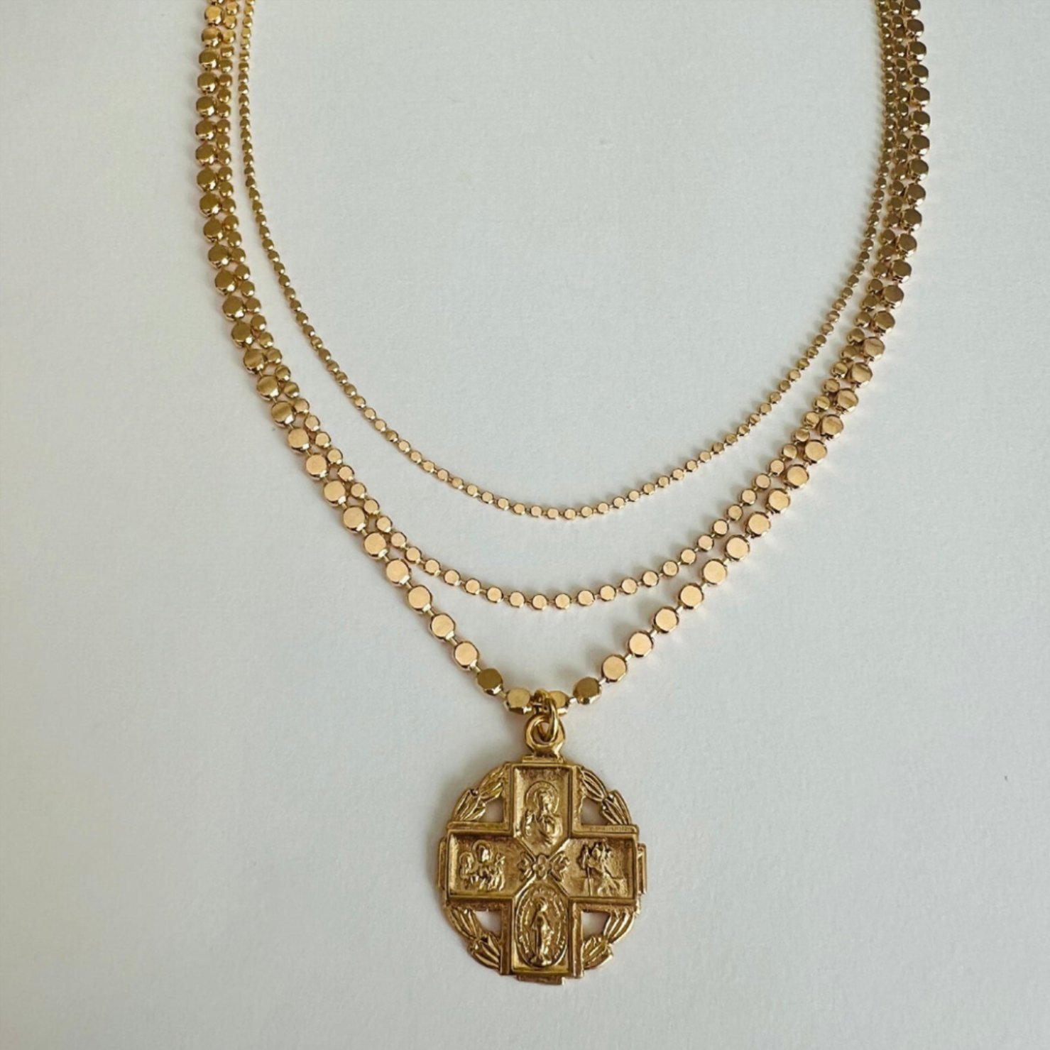 Vintage Gold 4-Way Cross Triple Chain Necklace