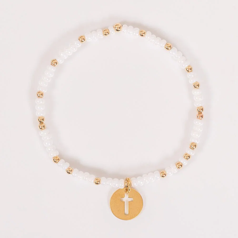 14 KT Gold Filled Pearl & Gold Bead Cross Cutout Charm Bracelet