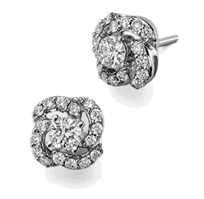 White gold floral stud earrings with round center stone and smaller stones in circular design.