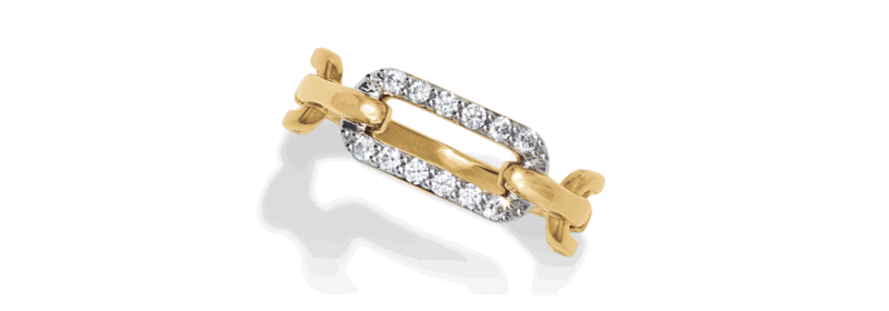 A gold diamond ring with a chain link design.