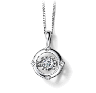 A white metal necklace with a circular diamond pendant.