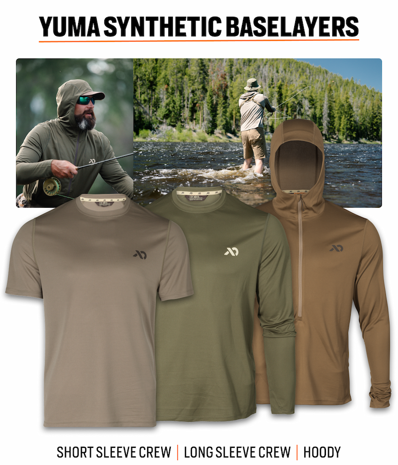 Yuma Synthetic baselayers: Ultralight Synthetic baselayers with HeiQ Pure Antimicrobial and Burlington No Fly Zone keep the bugs away and are dialed for hot-weather performance