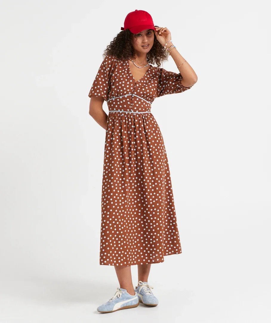 SERENA SPOT BUTTON DOWN MIDI DRESS